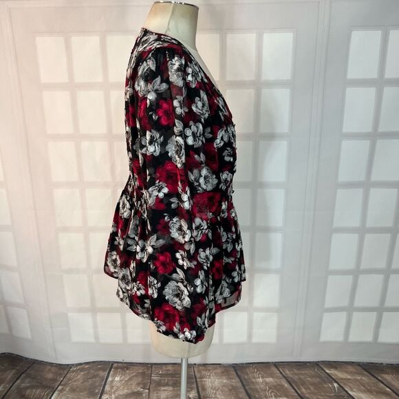 Torrid Black Red Floral Long Sleeve V-Neck Pullover Lined Peplum Blouse Size 0x - Picture 6 of 13